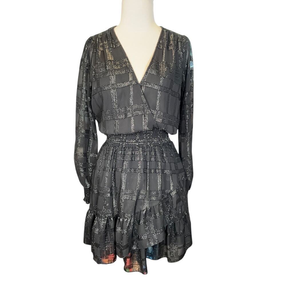 MICHAEL KORS Plaid Jacquard Ruffled Dress Black Size Small Smocked Waist Shimmer